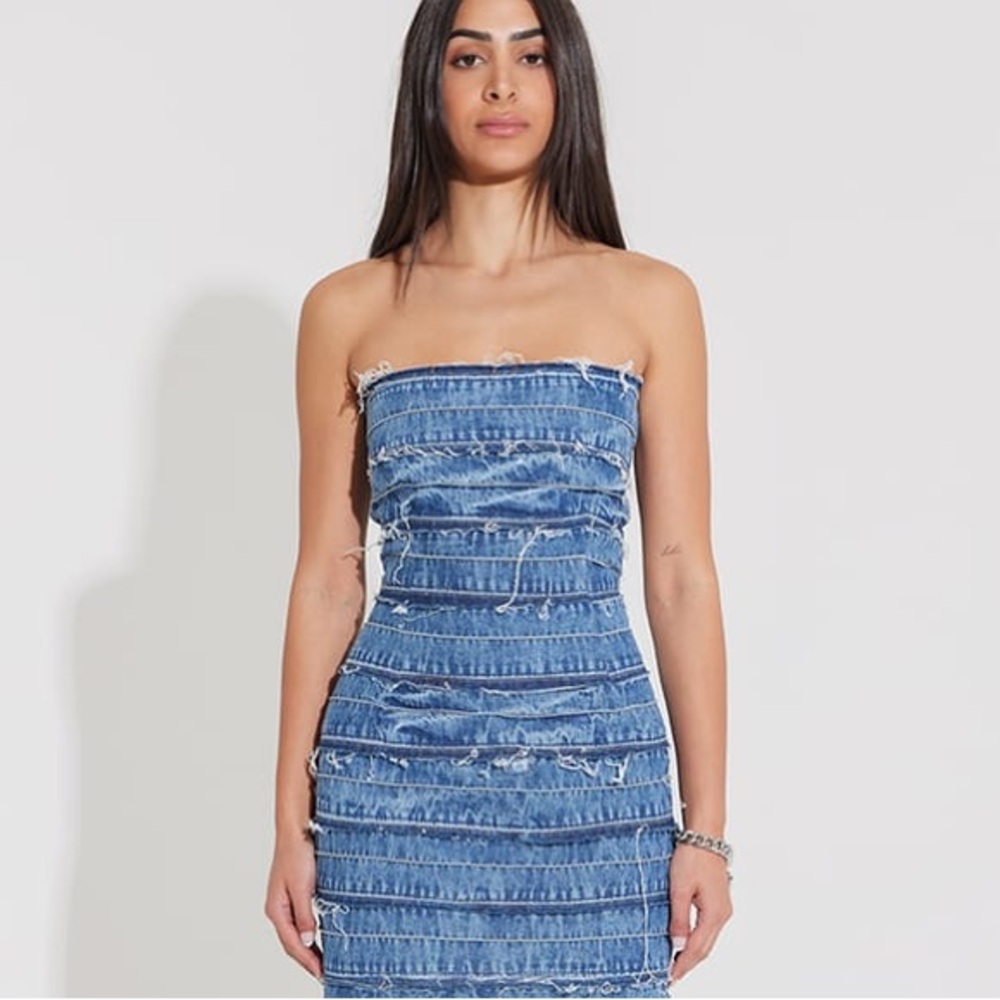 NWT EB Denim Strapless Mini Dress Fringe Fray Blue Jean Back Zip Size S
